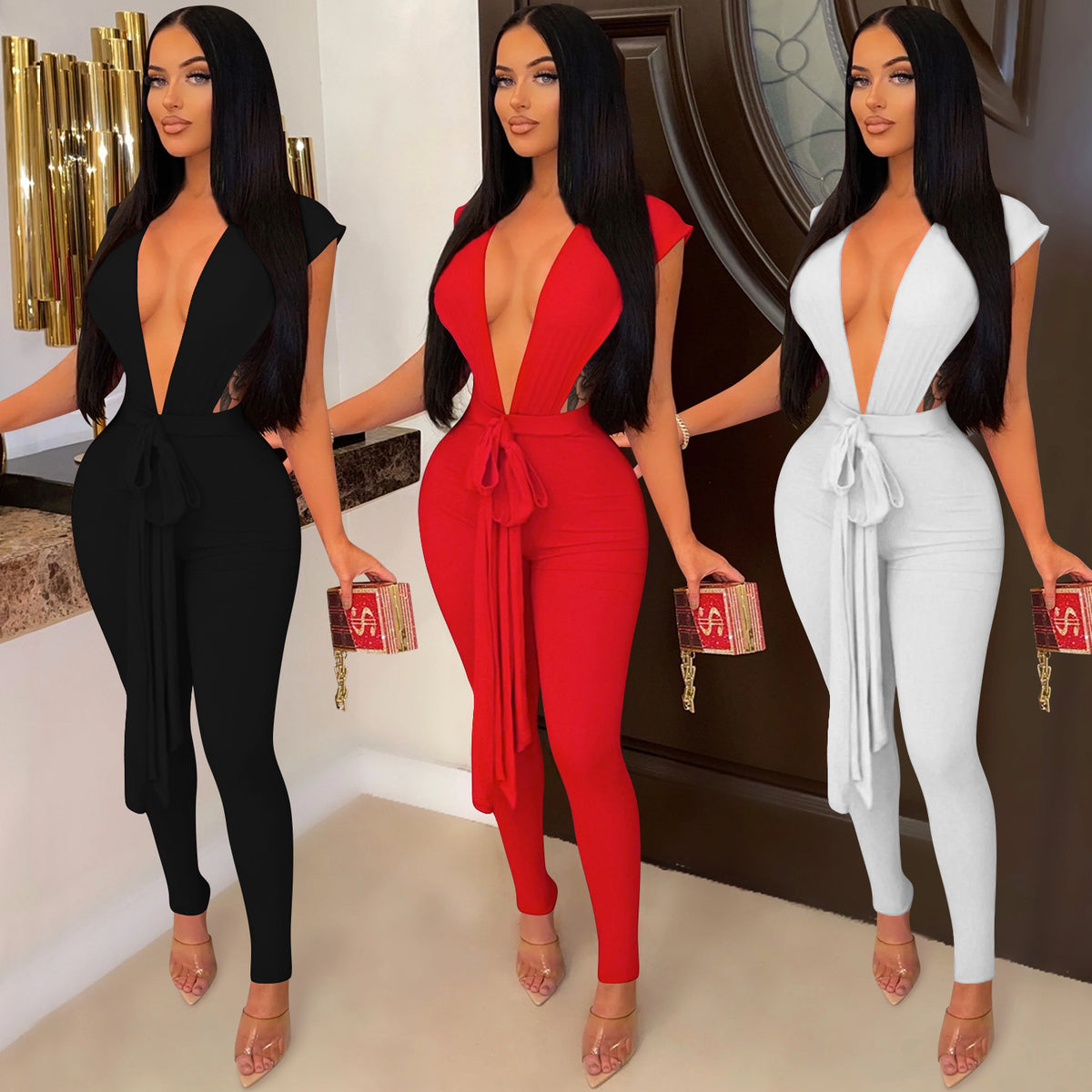 Women's Deep V-Neck Sleeveless Bandage Jumpsuit