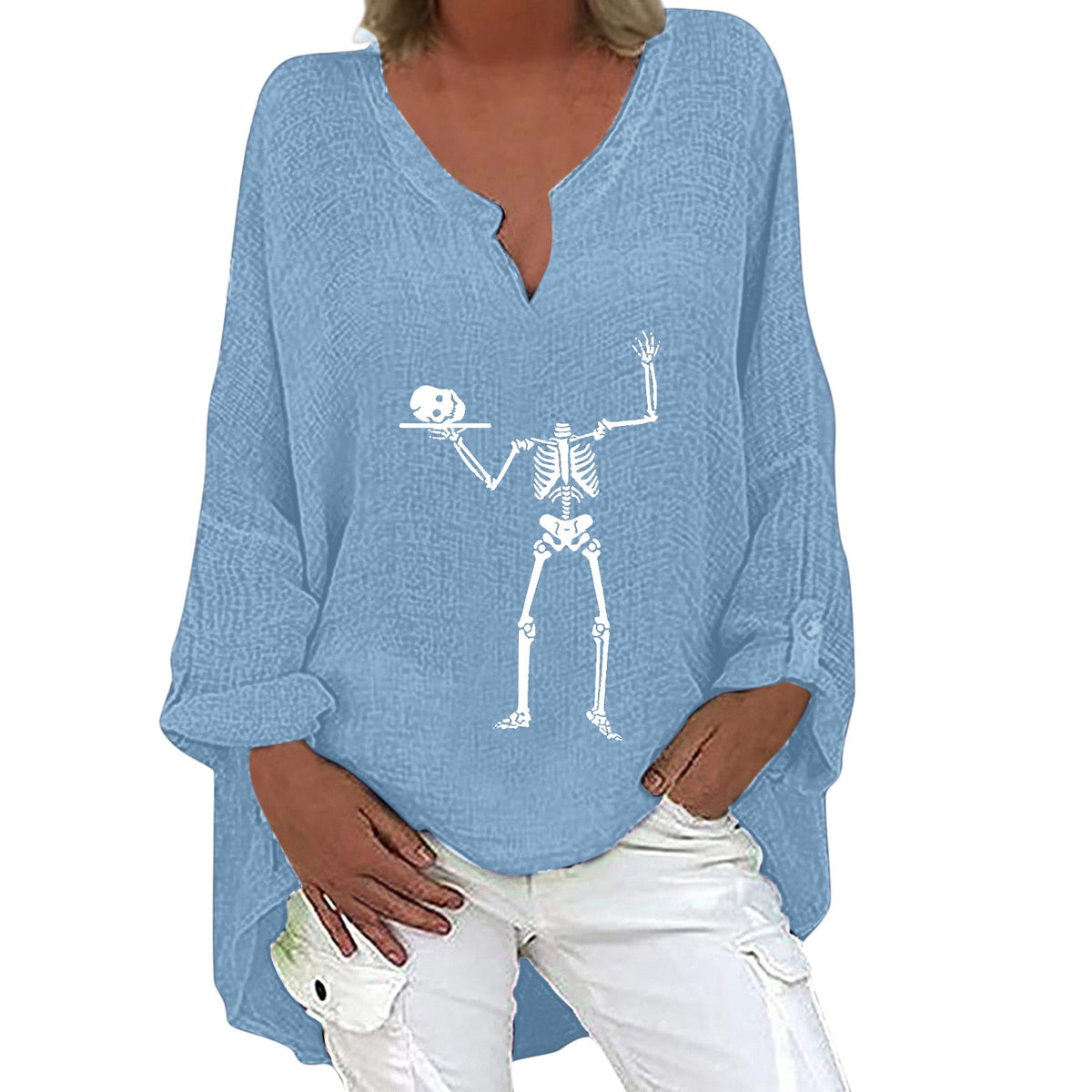 Women's Halloween V-Neck Cotton Linen Long Sleeve Shirt