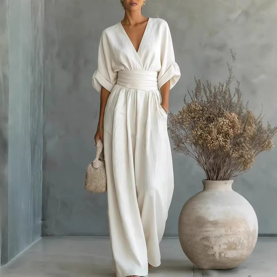 Elegant V-Neck Wide-Leg Waist-Cinching Jumpsuit