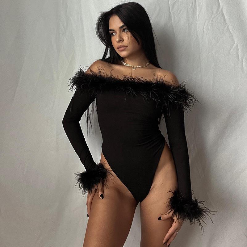 Furry Off-Shoulder Long-Sleeve Jumpsuit