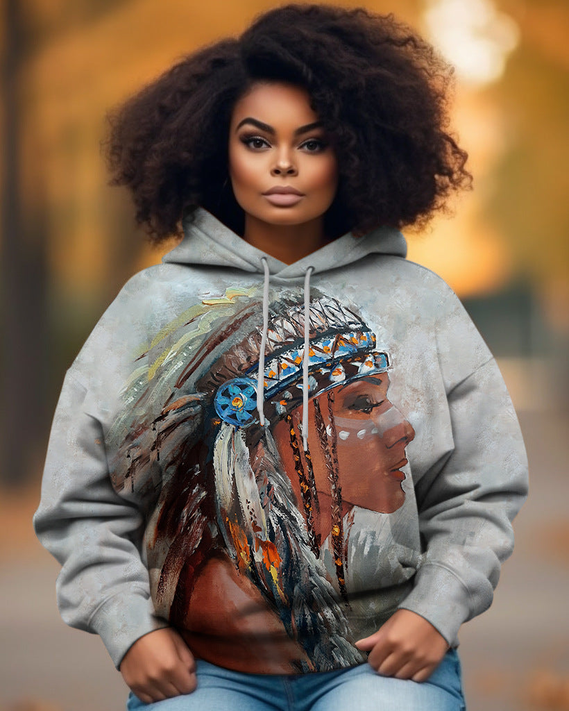 Women's 3D Printed Retro Art Long Sleeve Casual Hoodie