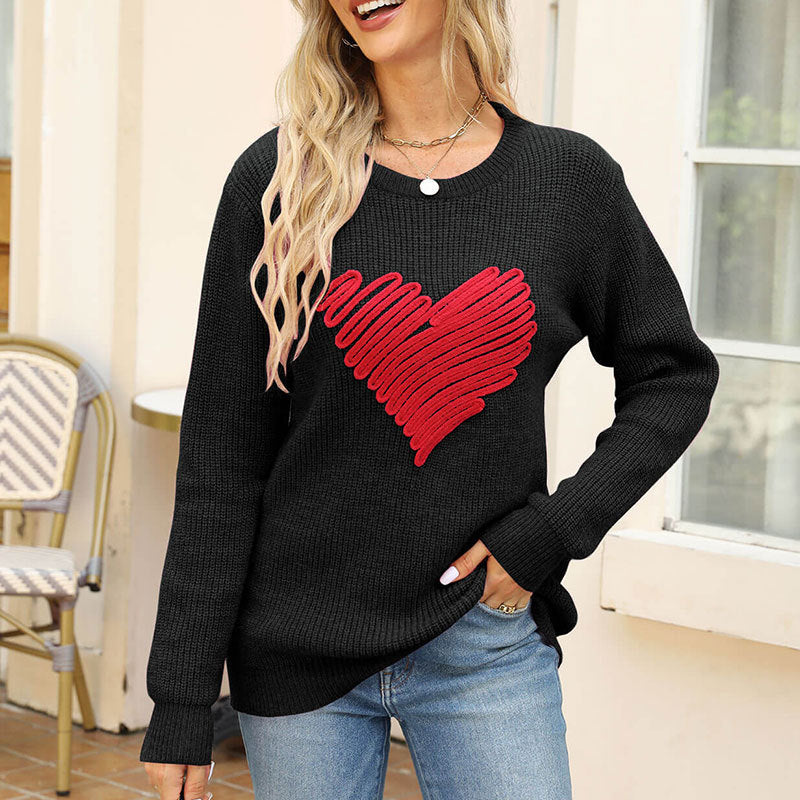 Loose Love Embroidered Crew Neck Pullover Long Sleeve Knitted Sweater for Women