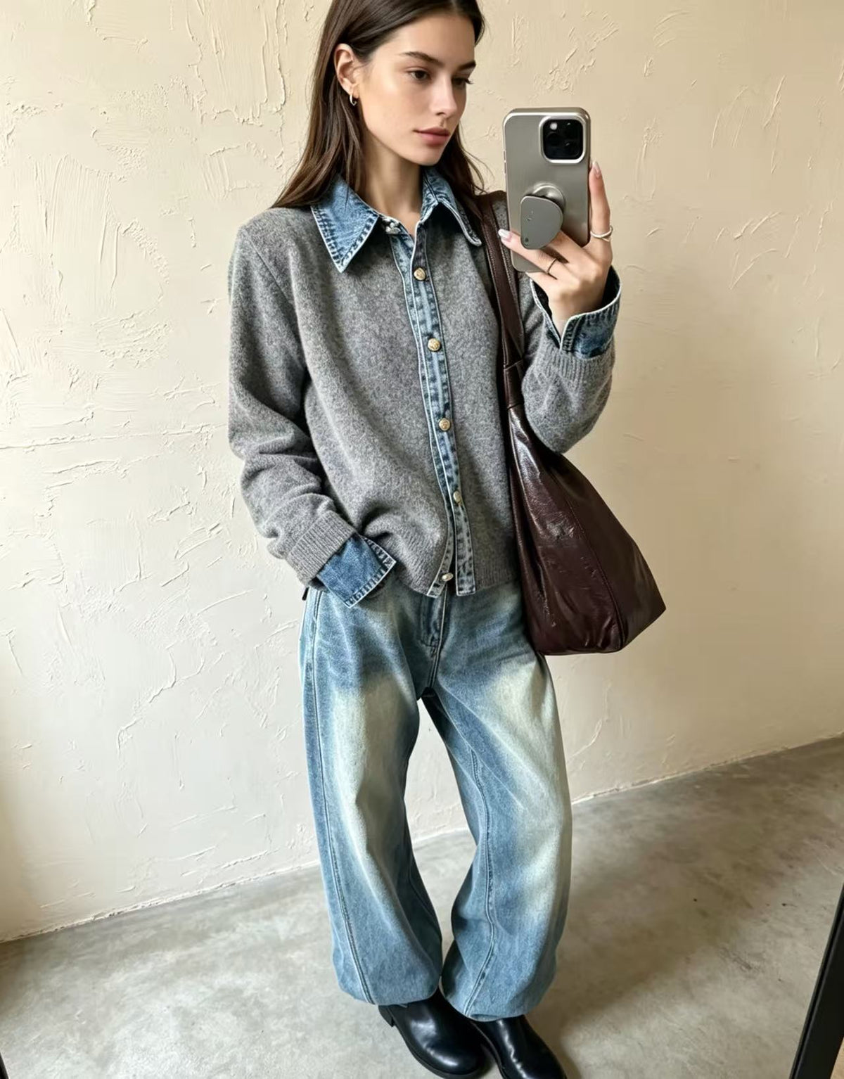 Fake Two-piece Sweater Womens Cardigan Laid-back Style Knit Jacket