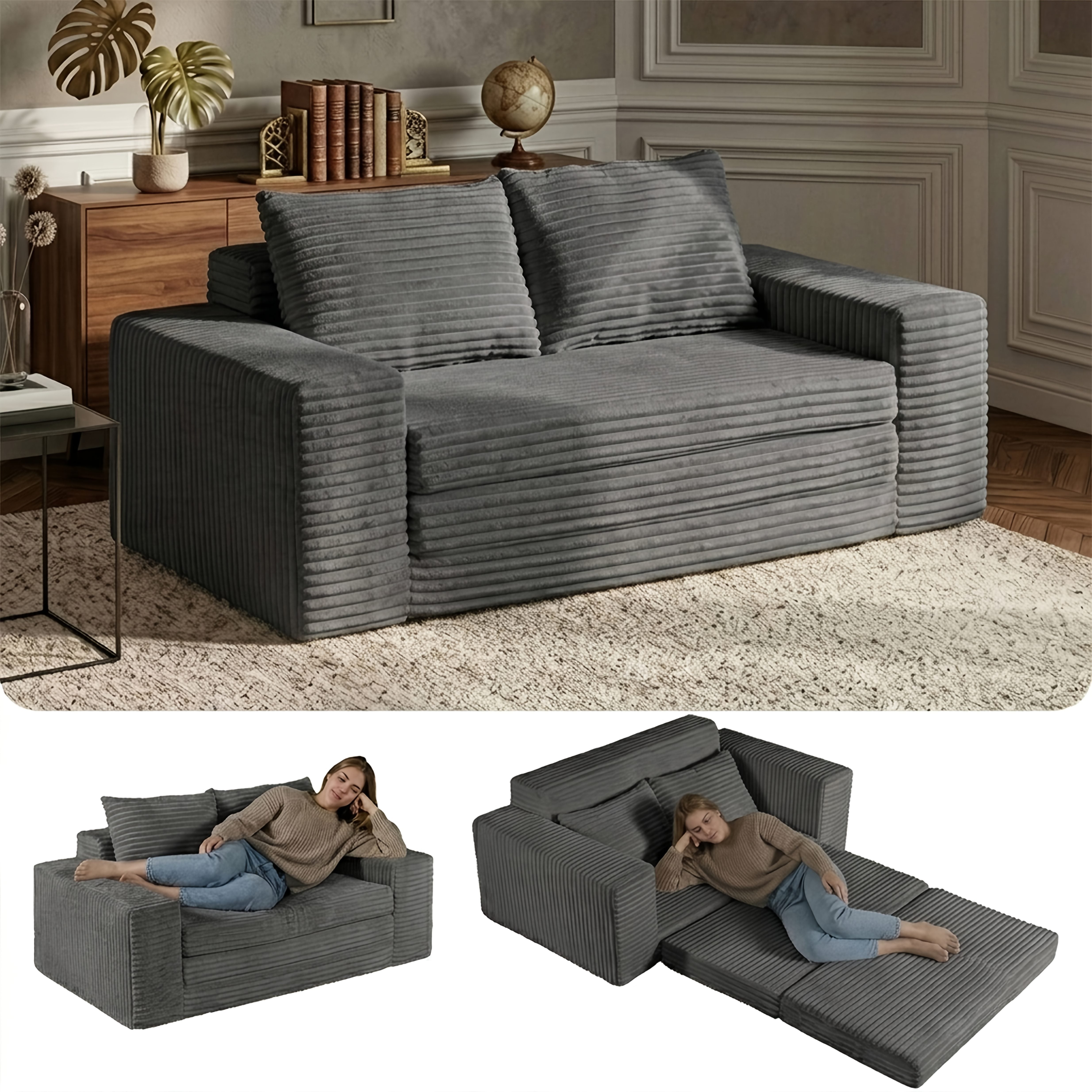 80 Inch Convertible Sofa Bed with Corduroy Futon Cushion