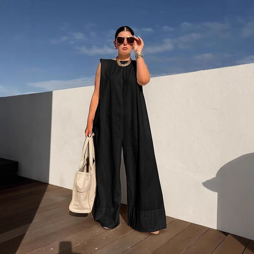 Chic Solid Color Wide Leg Casual Jumpsuit for Women