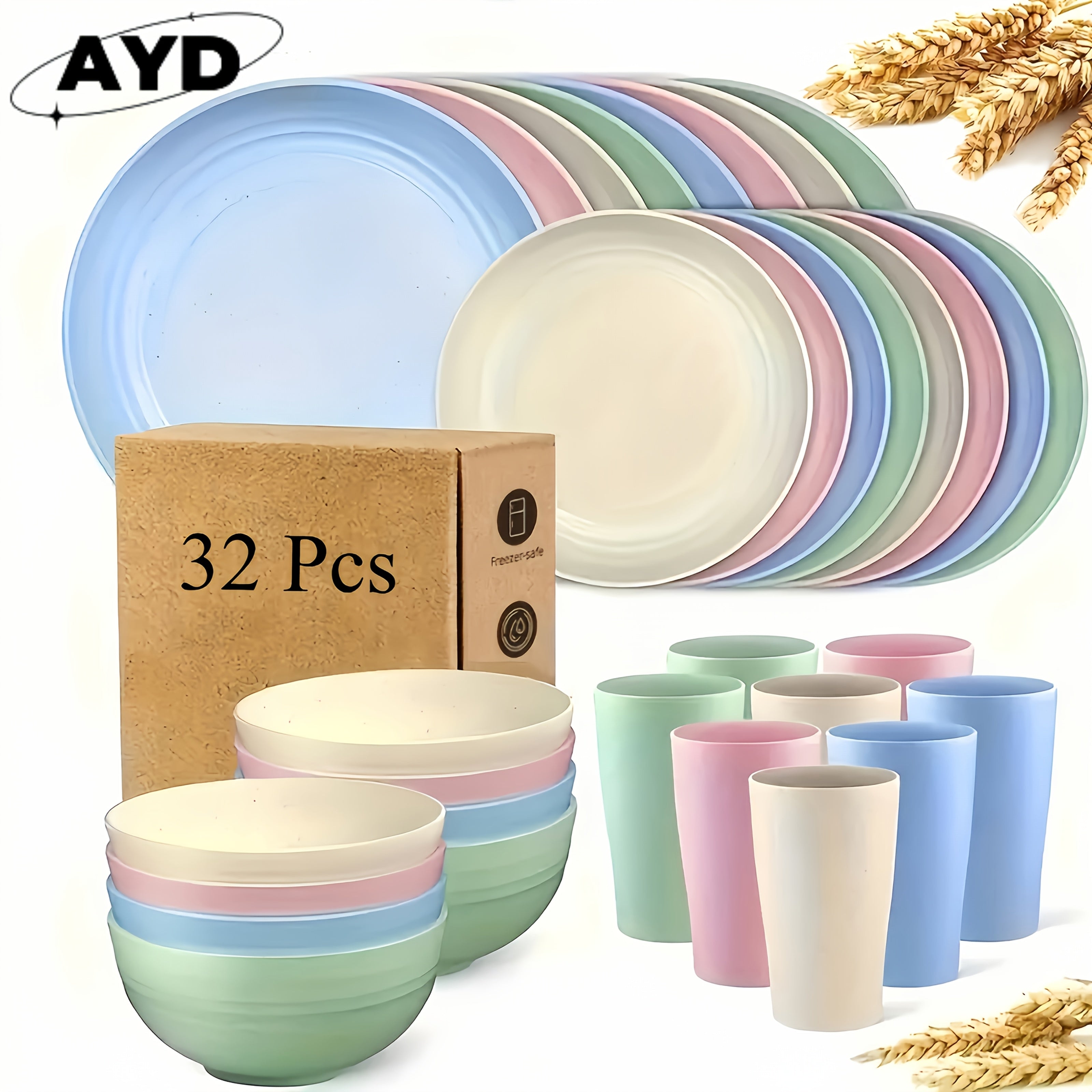 32/16pcs Unbreakable Wheat Straw Dinnerware Set