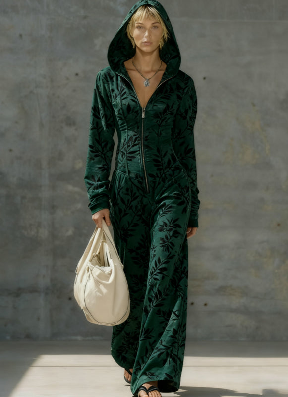 Printed Casual Hooded Zip-Up Slim-Fit Jumpsuit