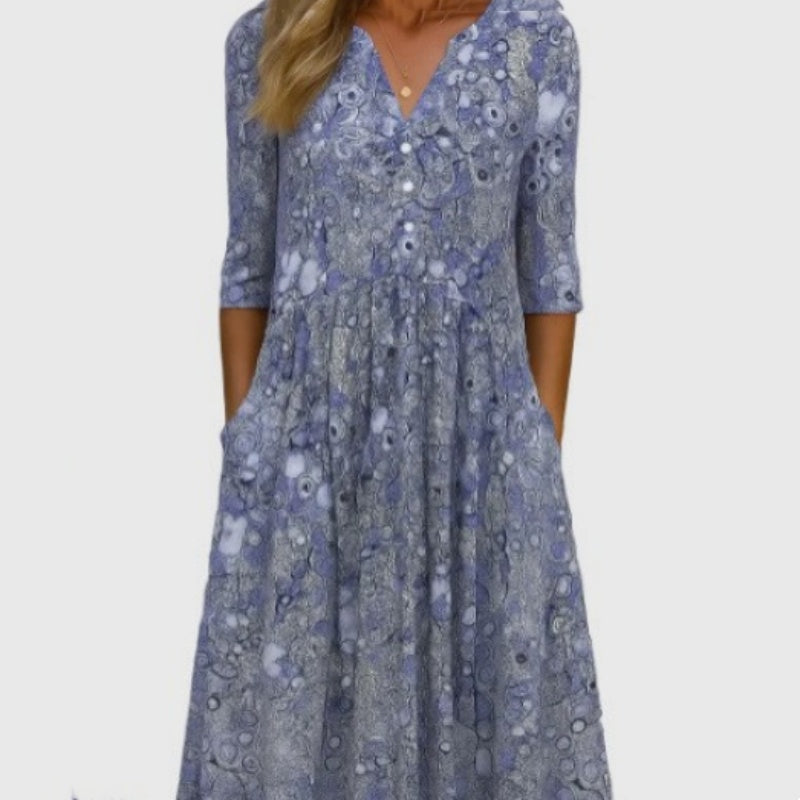 Printed V-neck Casual Dress with Pockets