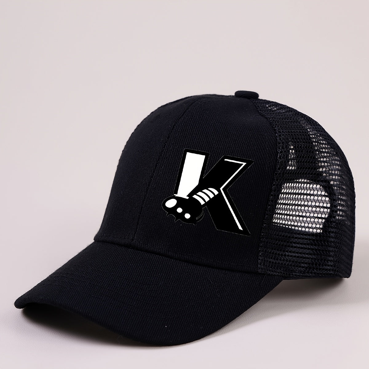 Boys Mesh Baseball Cap with A‑Z Letter and Soccer Ball Print, Unisex Sunvisor, Black