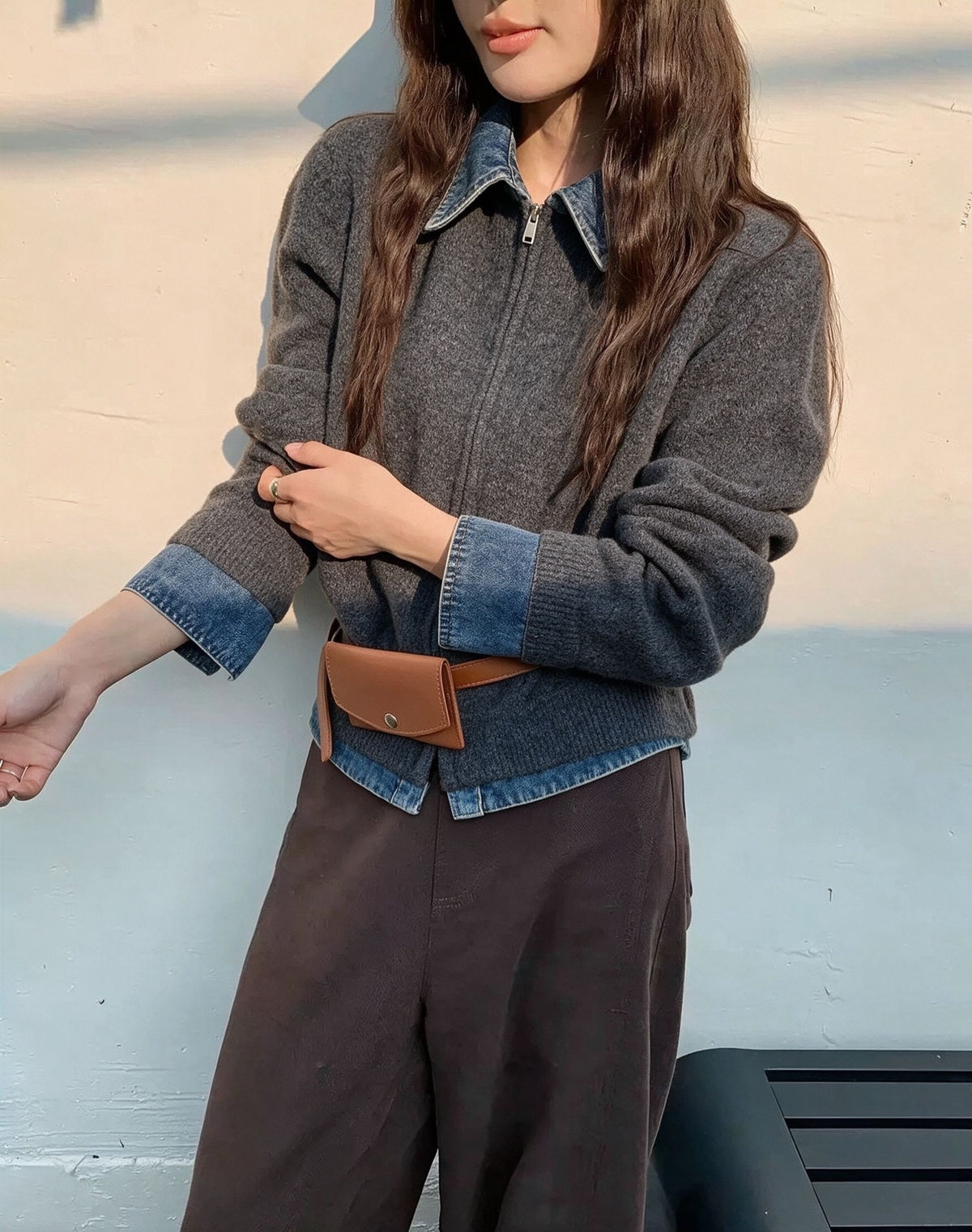 Notch-collar Denim Patchwork Womens Loose Casual Long-sleeve Sweater Coat
