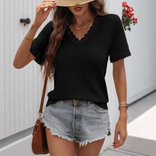 Elegant Women's V‑Neck Waffle Knit Lace‑Trim Short‑Sleeve Top