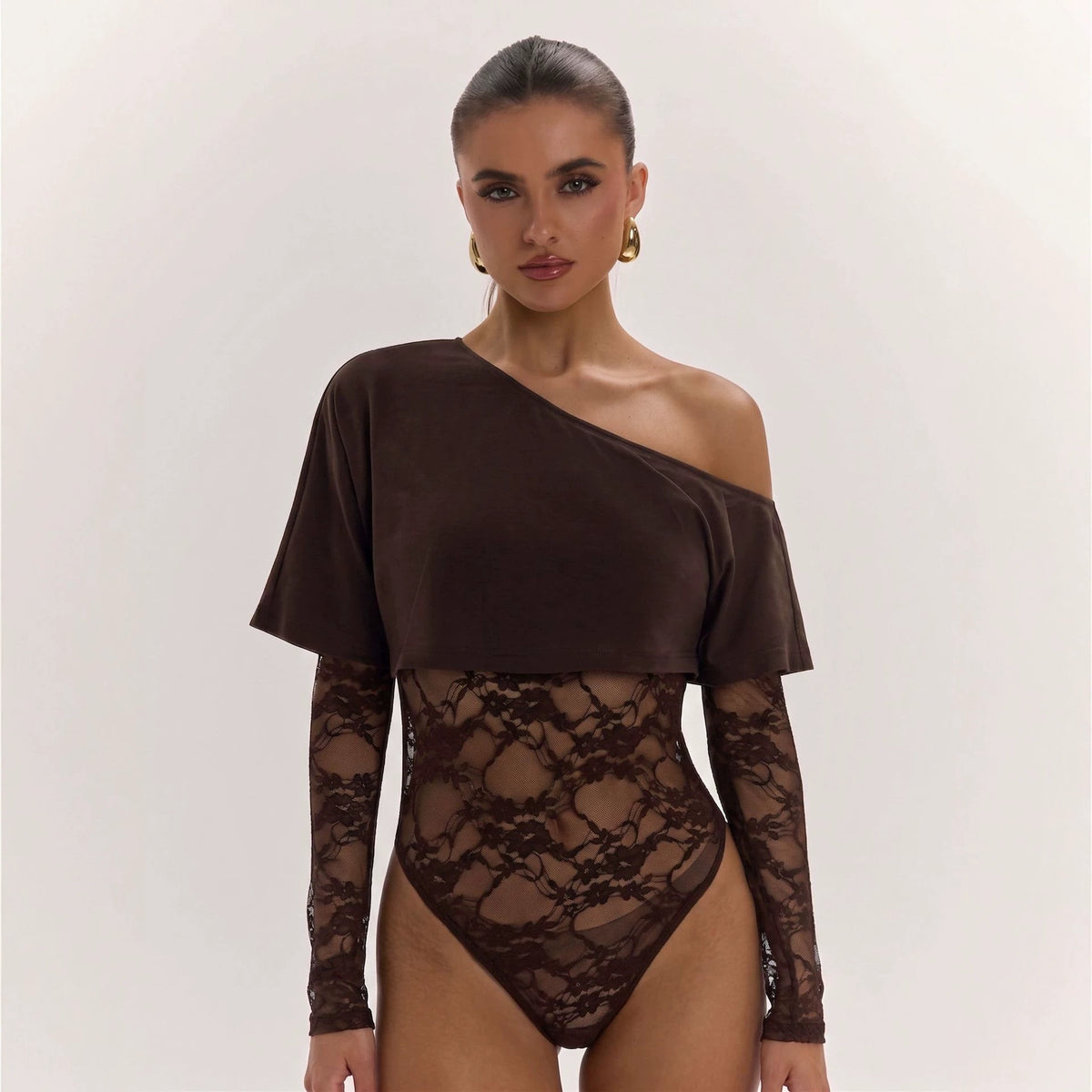 Edgy Lace Midriff-Baring Fitted Bodysuit