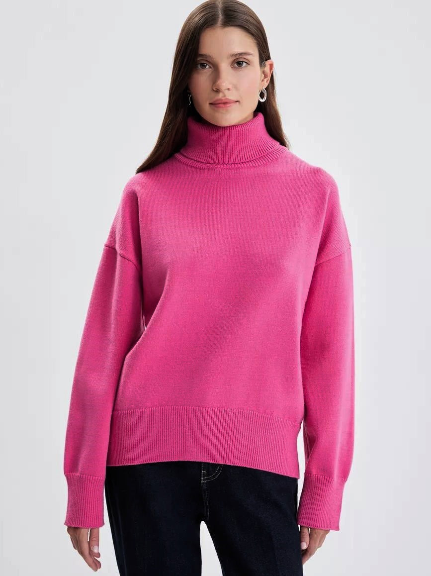 Women's Solid Color Pullover Knitted Sweater with High Neck