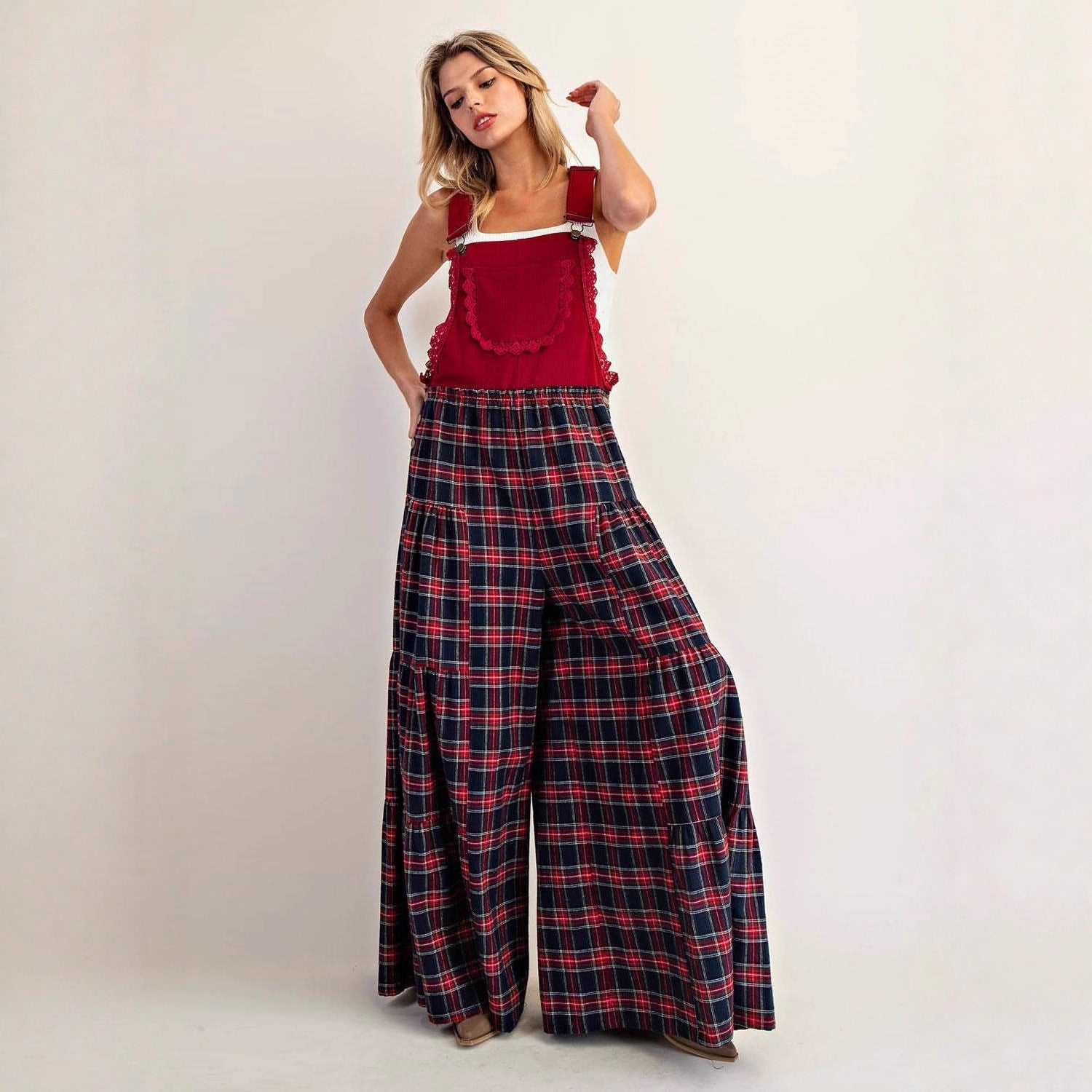 Women's Plaid Wide-Leg Loose Overalls Pants
