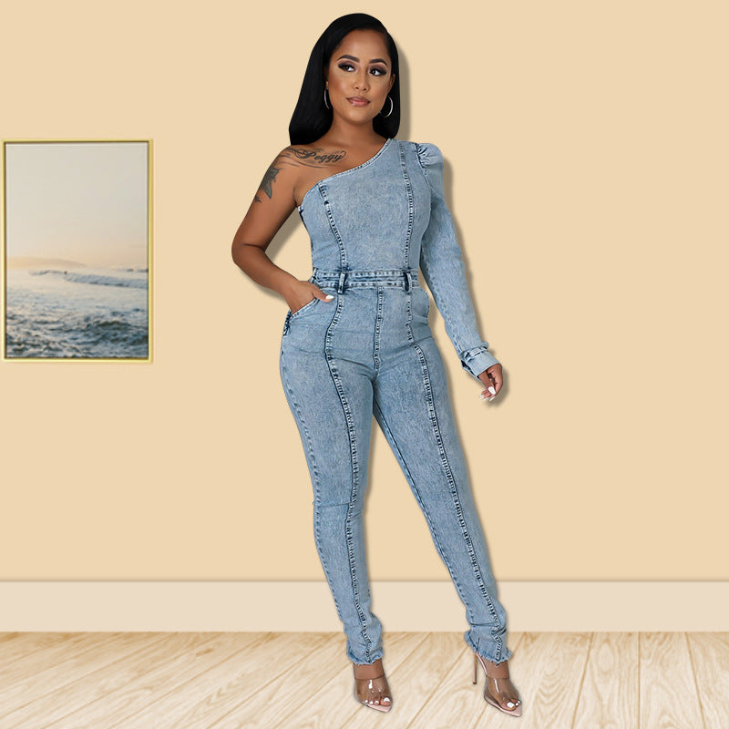Autumn New Fried Salt Washing Craft Unilateral Sleeve Jumpsuit