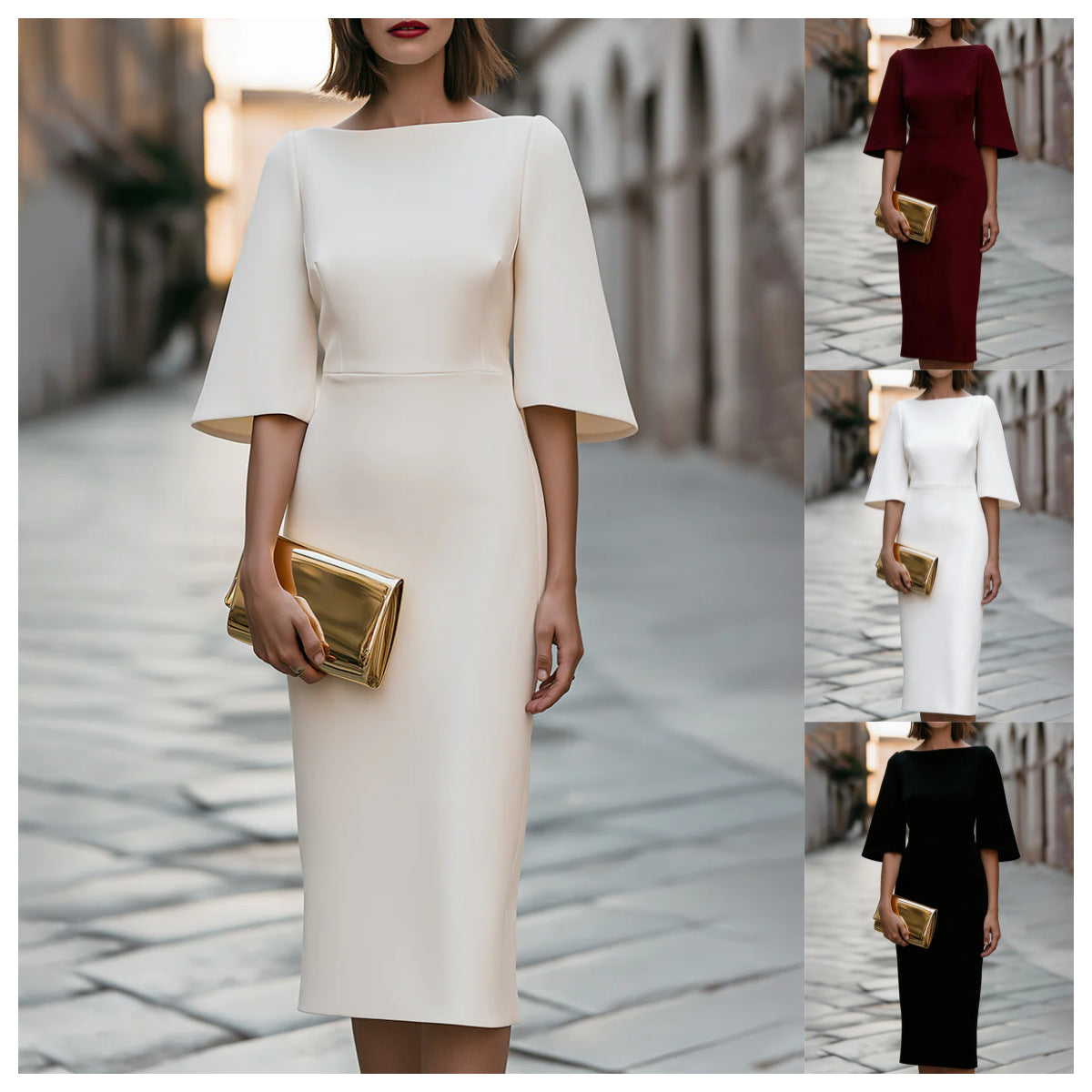 Womens Solid-color Sheath Dress with One-shoulder Design and Flared Sleeves