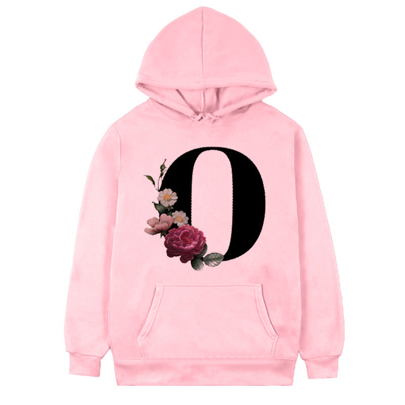 Women's 26-letter Flowers Printed Fleece Hoodie