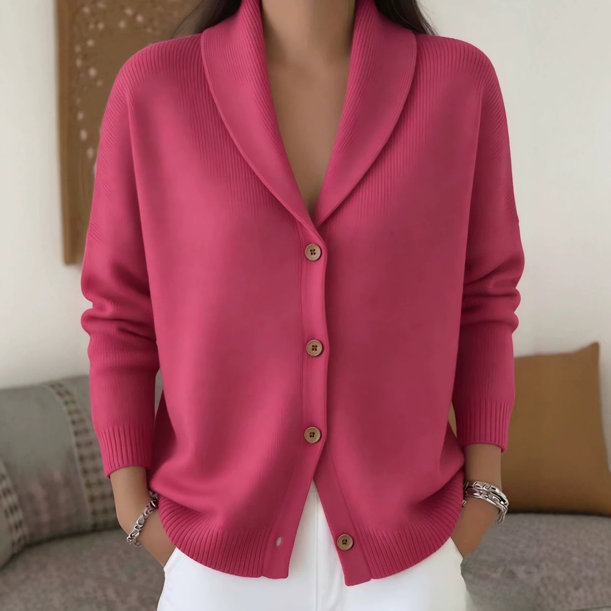 Womens Knitted Cardigan Loose-fit Lazy Style Soft and Cozy Notch Lapel Solid Color Long-sleeve Sweater