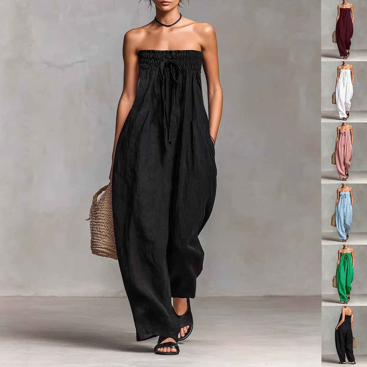 Women's Strapless Ruched Jumpsuit Summer Fashion Tie-up Loose Straight-leg Jumpsuit
