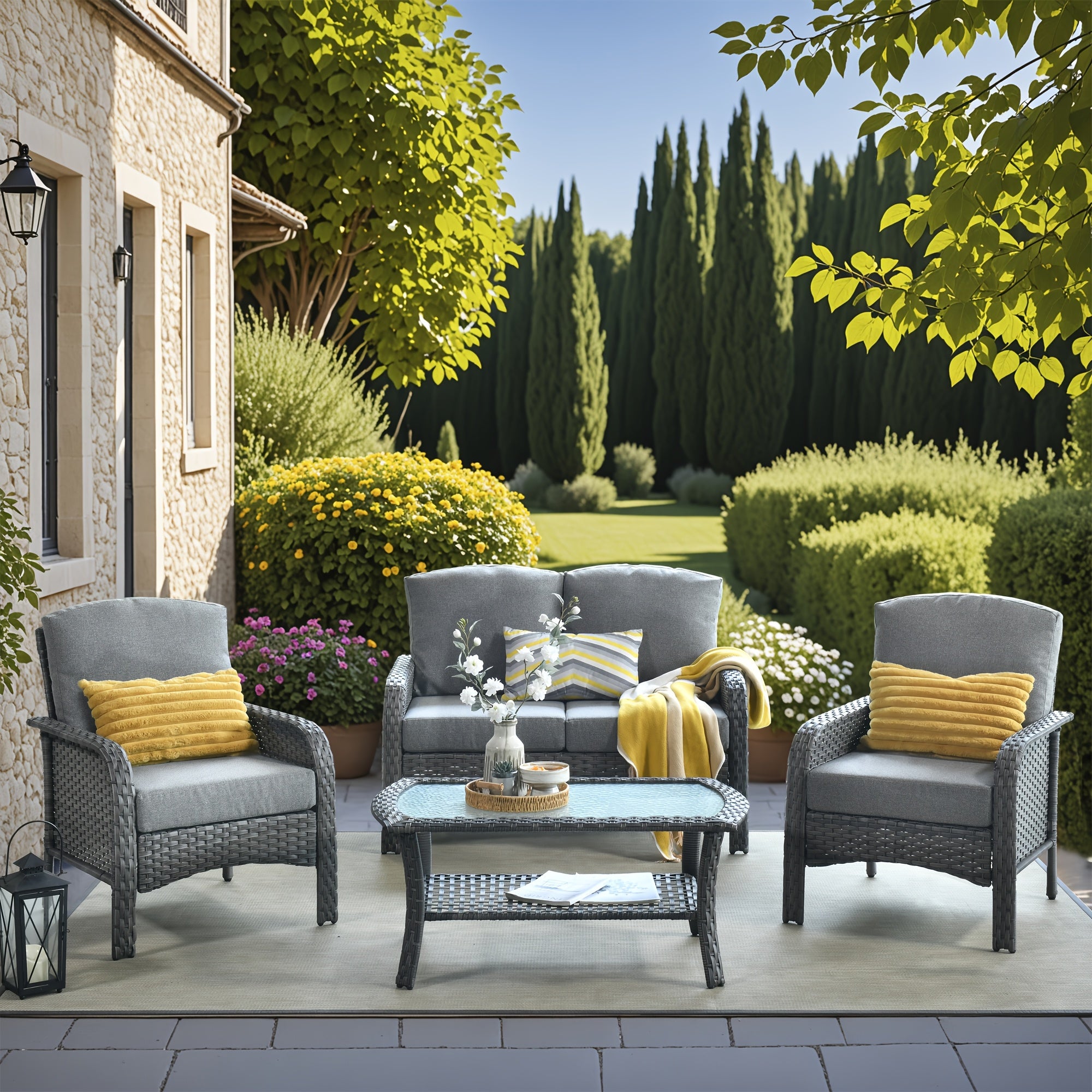Outdoor Wicker Furniture Collection: Loveseat, Swivel Rocking Chairs, Patio Chairs, Rectangular Table, And Optional Side Table. Made with PE Rattan, Suitable for Patio, Backyard, Pool, Or Garden