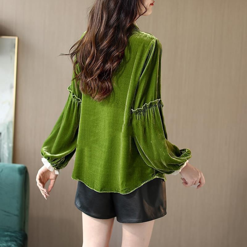 Green Pleuche Long Sleeve Lace-Up Top