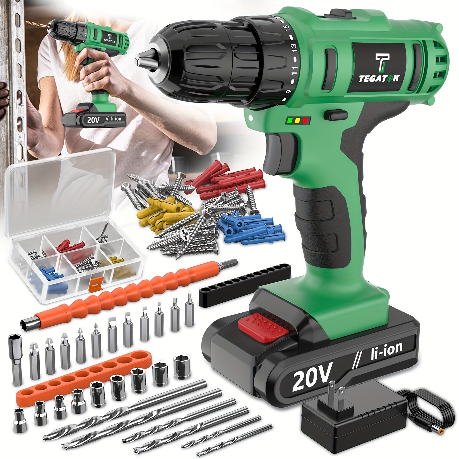 20V Cordless Drill Set, Impact Power Drill with 3/8 Inch Keyless Chuck, 18+3 Clutch Electric Drill with Work Light, Max Torque 45Nm, 2-Variable Speed & 2.0AH Batteries And Fast Charger, Bits Set...