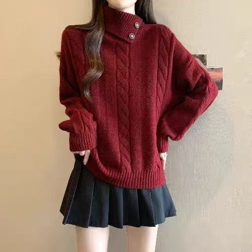 Womens Turtleneck Straight Shoulder Cableknit Sweater