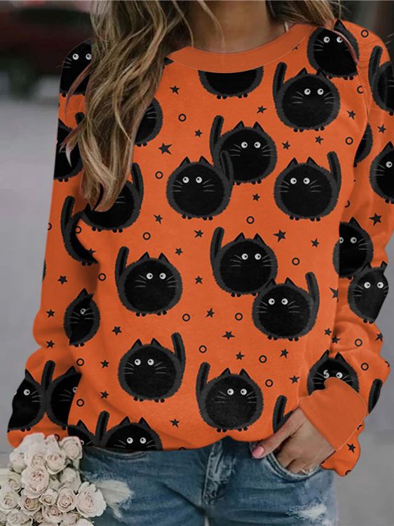 Women's Halloween Pumpkin Print Long-Sleeve Sweater