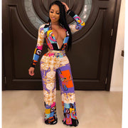 Fashion Digital Printing Long-sleeved V-neck Jumpsuit for Women