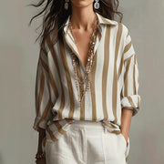Striped Lapel Collar Loose-Fit Stylish Pullover Womens Blouse