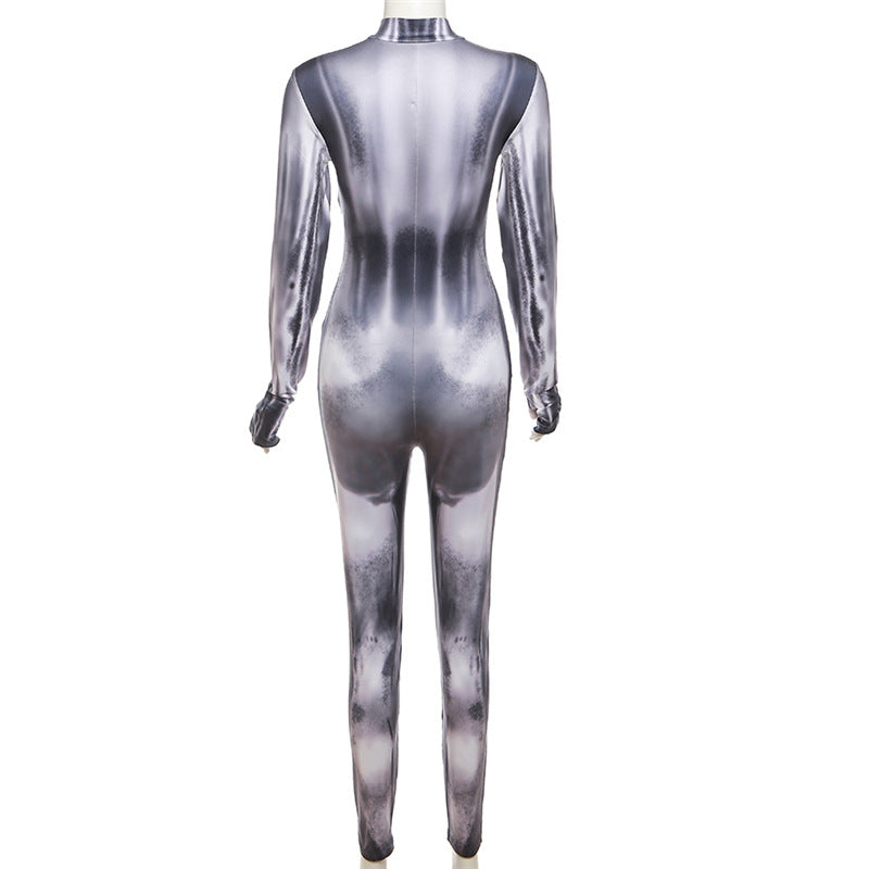 Women's Slim Fit Long Sleeve Digital Print Sports Jumpsuit
