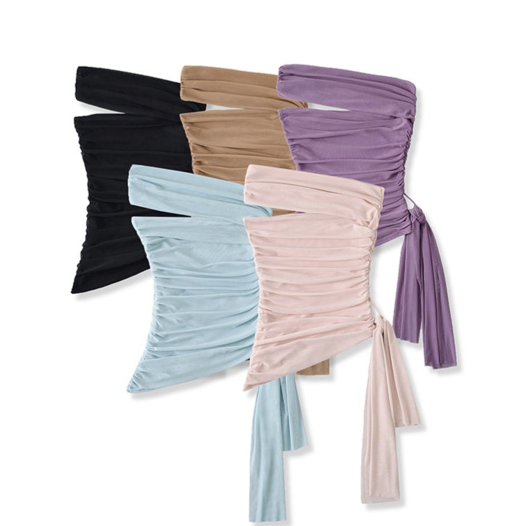 Korean Off‑Shoulder Mesh Top with Irregular Hem – Sleeveless Casual Tee
