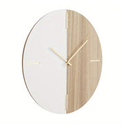 24" Brown Wood Round Wall Clock with Marble Side - Battery-Powered Silent Quartz Movement, Golden Hands & Numerals, Modern Minimalist Design for Living Room, Bedroom, Kitchen Decor