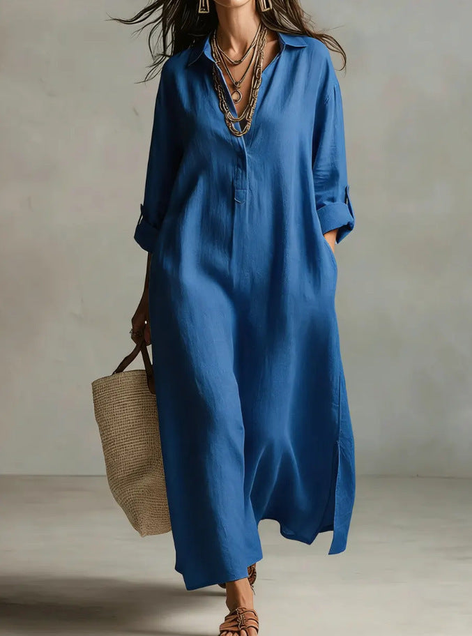 Chic French-Style Solid Long-Sleeve Shirt Dress