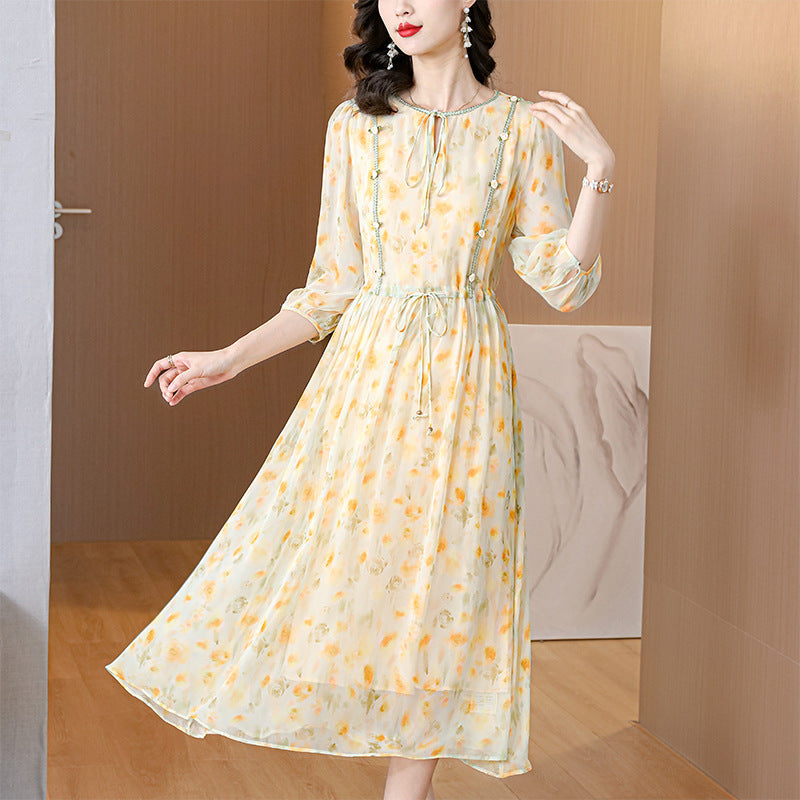 Women's Elegant Floral Mulberry Silk Midi Skirt