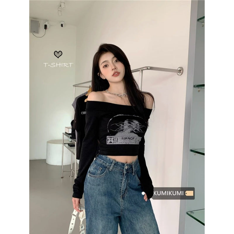Women's Off-Shoulder Long Sleeve Slim Crop Top