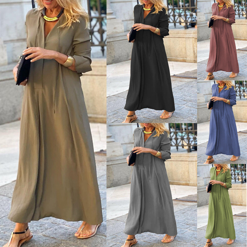 Solid Color V Neck Tie Front Long Sleeve Maxi Dress, Loose Flowy Long Dress for Casual Vacation & Daily Wear