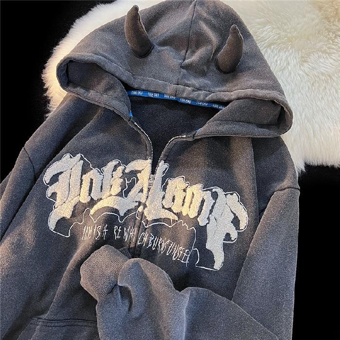 Devil Letter Print Oversized Hoodie for Women