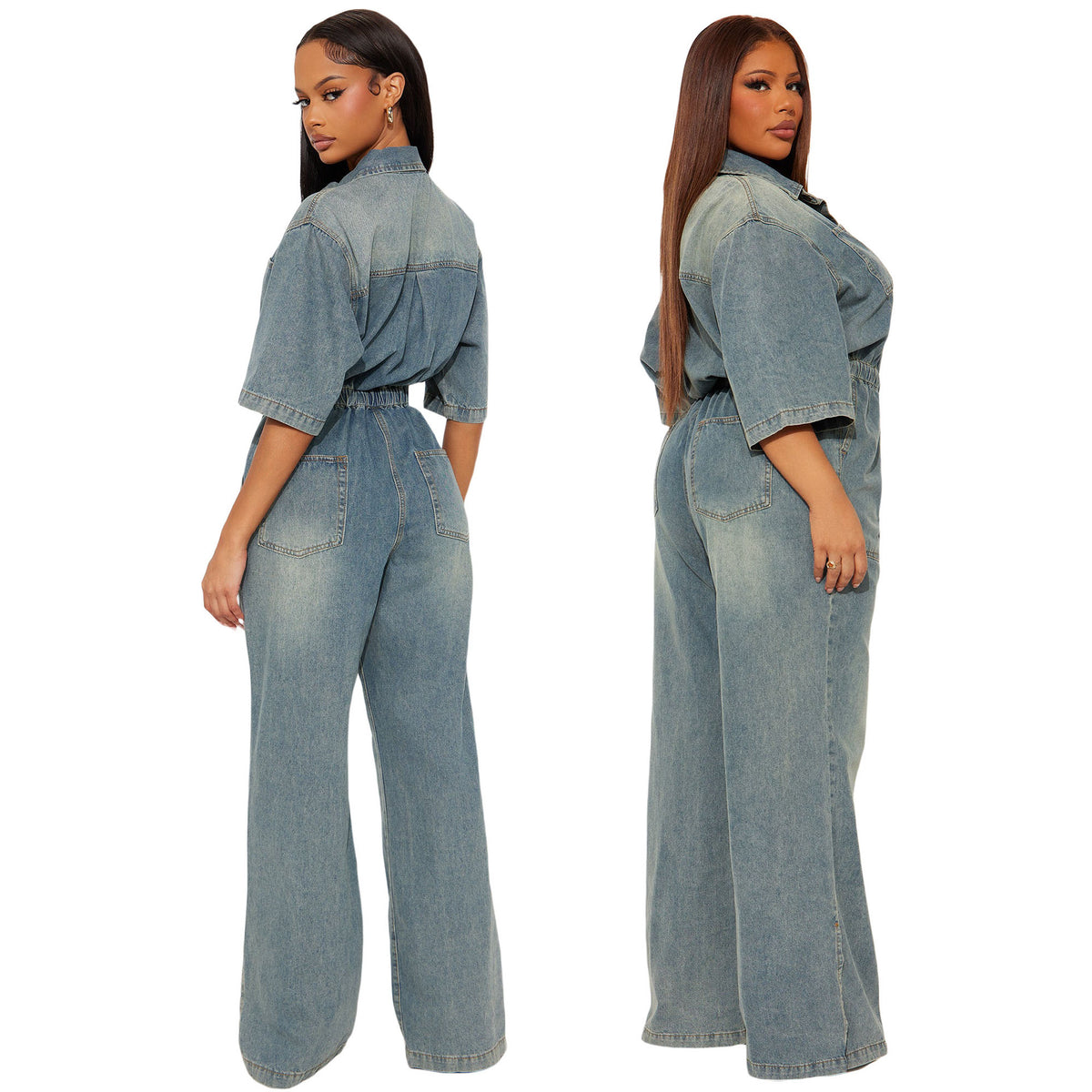 Slim-fit Stretch Washed Denim Jumpsuit