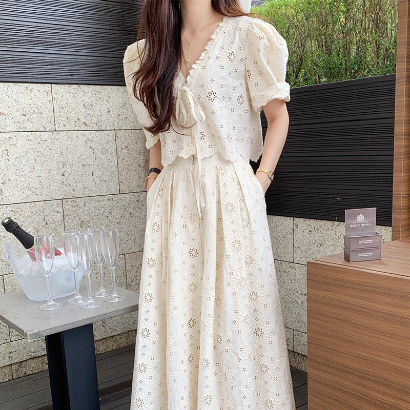 Embroidered Top High Waist Pleated Skirt Two-piece Set