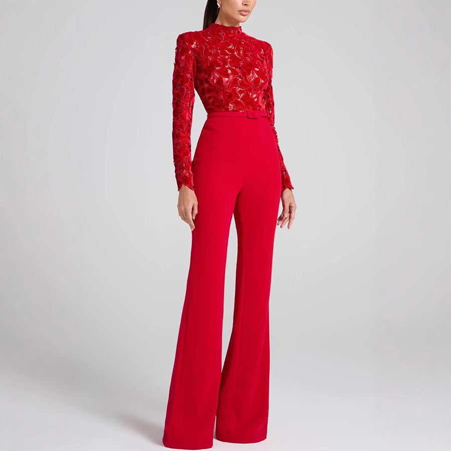 Long-sleeve Belted Jumpsuit With Flared Pants