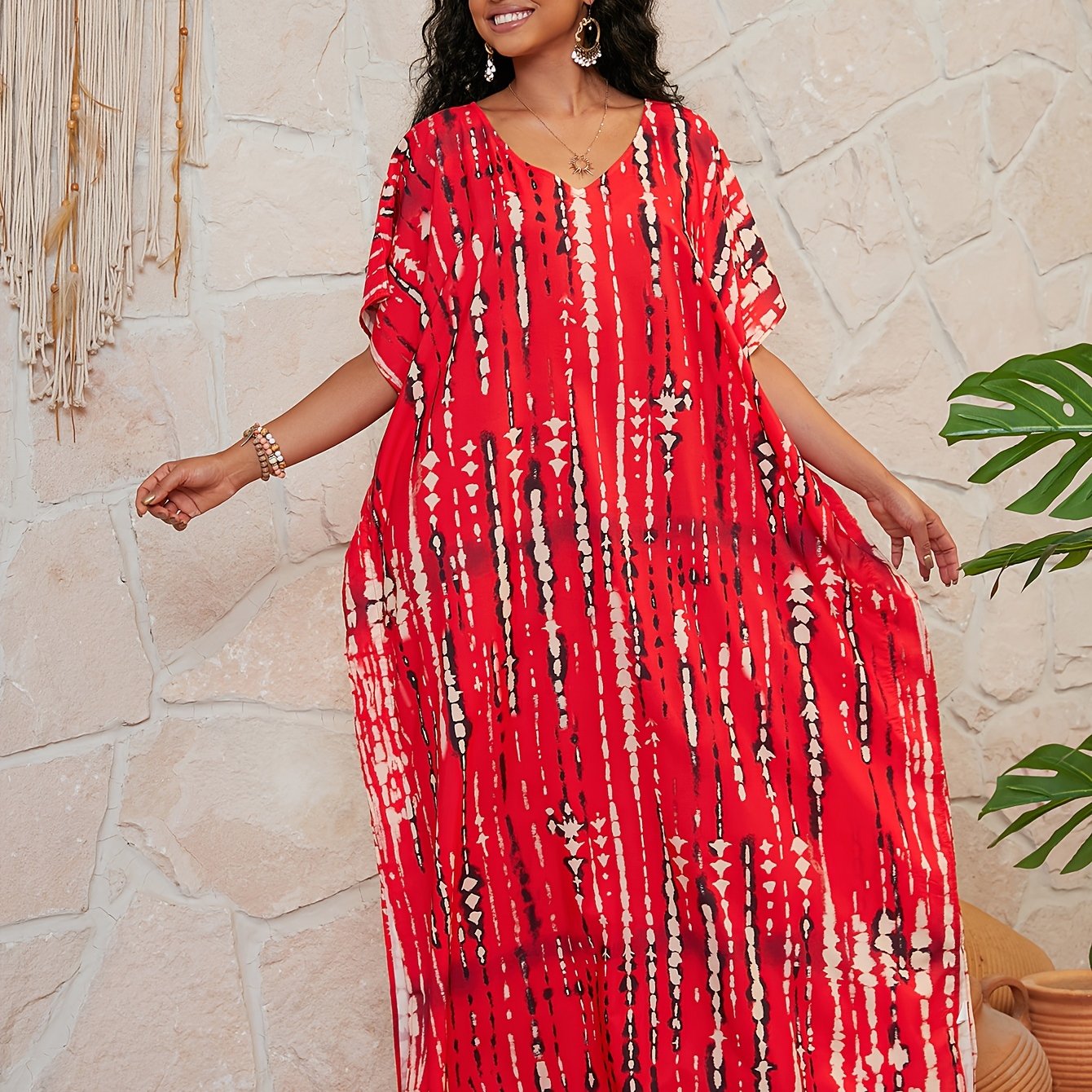 Plus Size Bohemian Floral Print Kaftan Dress