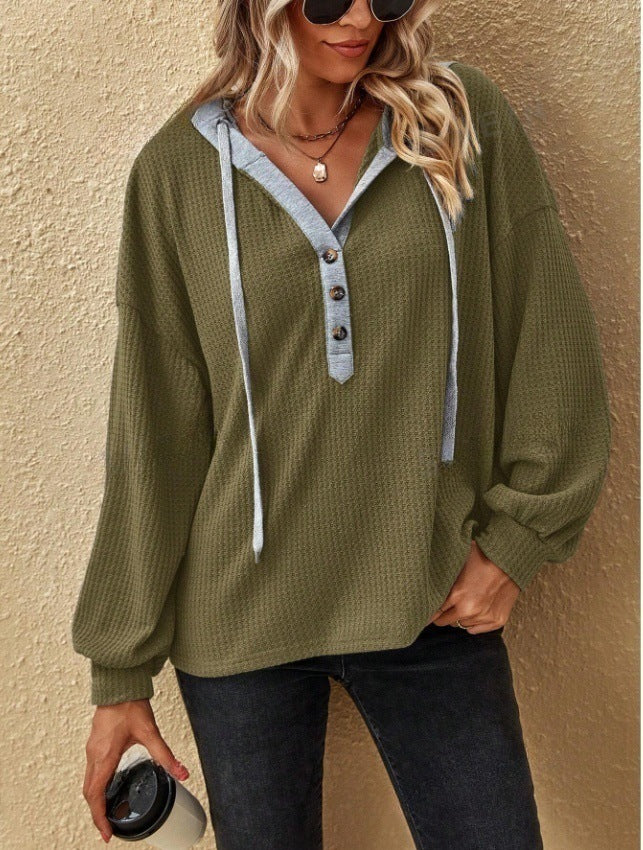 Women's Casual Button Hooded Sweatshirt Loose Waffle Top