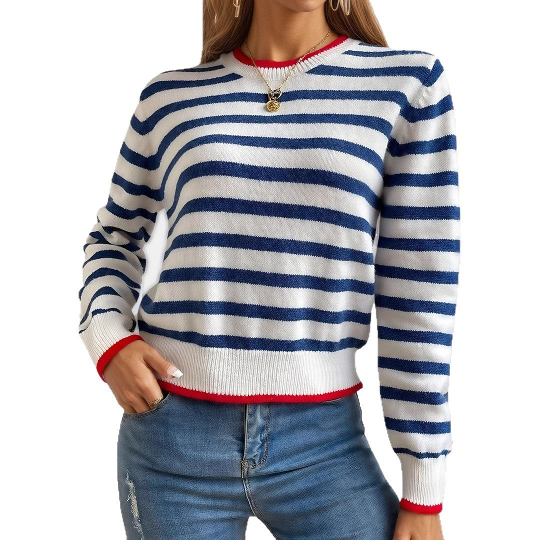 Striped Contrast Color Knitted Pullover Long Sleeve Round Neck