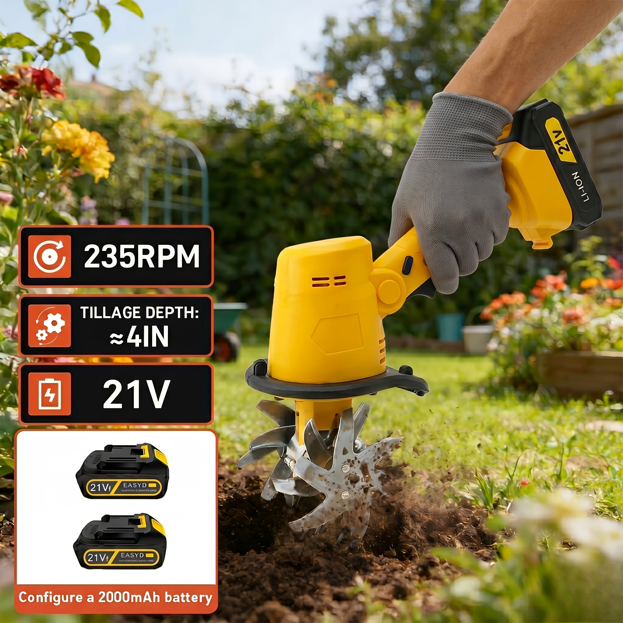 21V Electric Soil Loosening Machine – Handheld Plow with Built‑In Battery and Charger