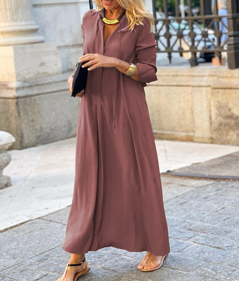 Solid Color V Neck Tie Front Long Sleeve Maxi Dress, Loose Flowy Long Dress for Casual Vacation & Daily Wear