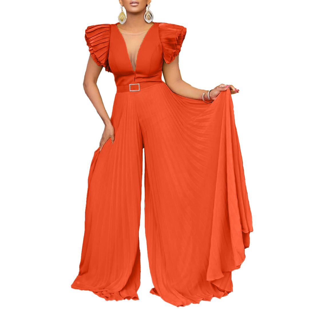 Plus-Size Pleated Wide-Leg Jumpsuit with Belt