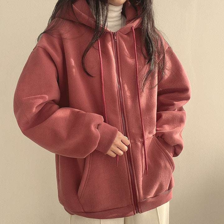 Plush Lined Zip-Up Hooded Sweatshirt Jacket