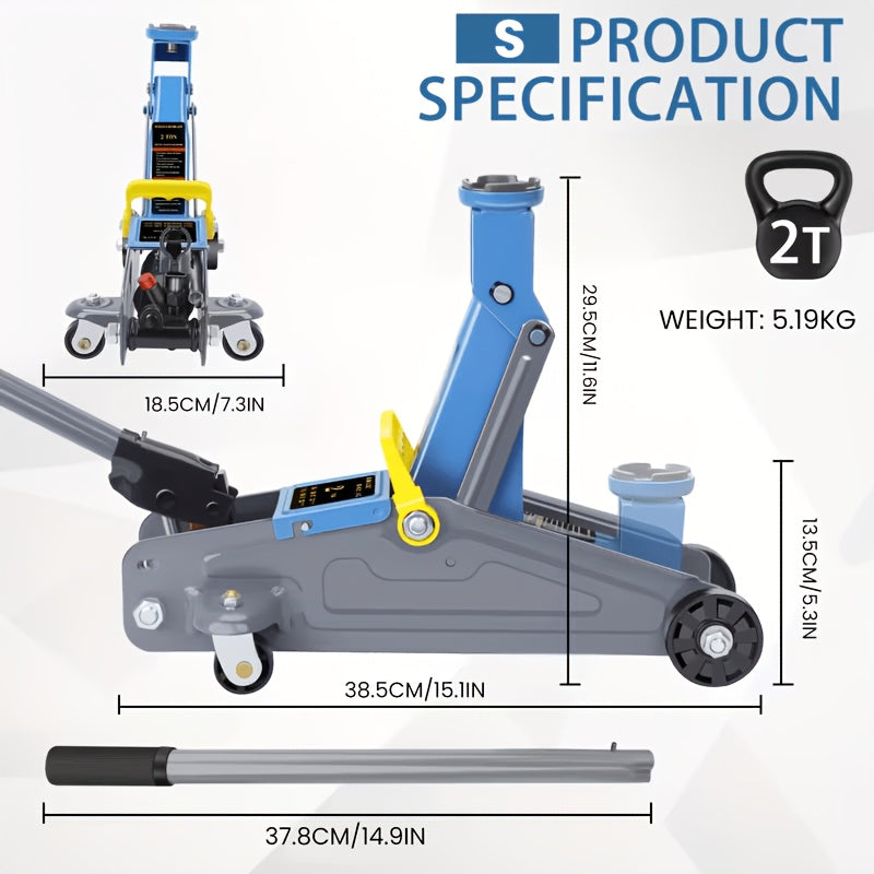 2‑Ton Floor Jack with Rollers – 460 mm (18 in) Lifting Height, Adjustable 5.3‑13 in Range, Carbon Steel Construction