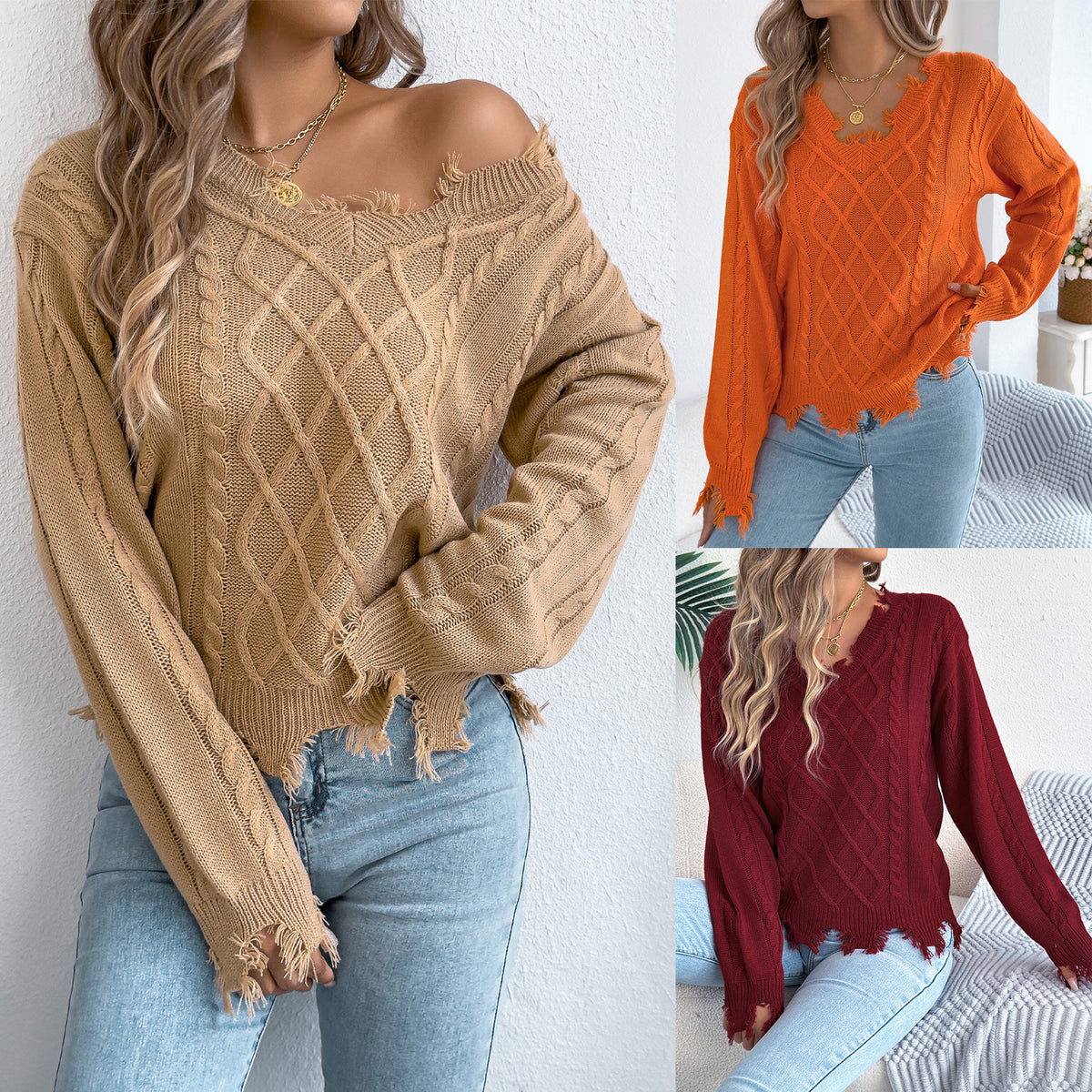 Fashionable Womens V-neck Cable-knit Long-sleeve Sweater